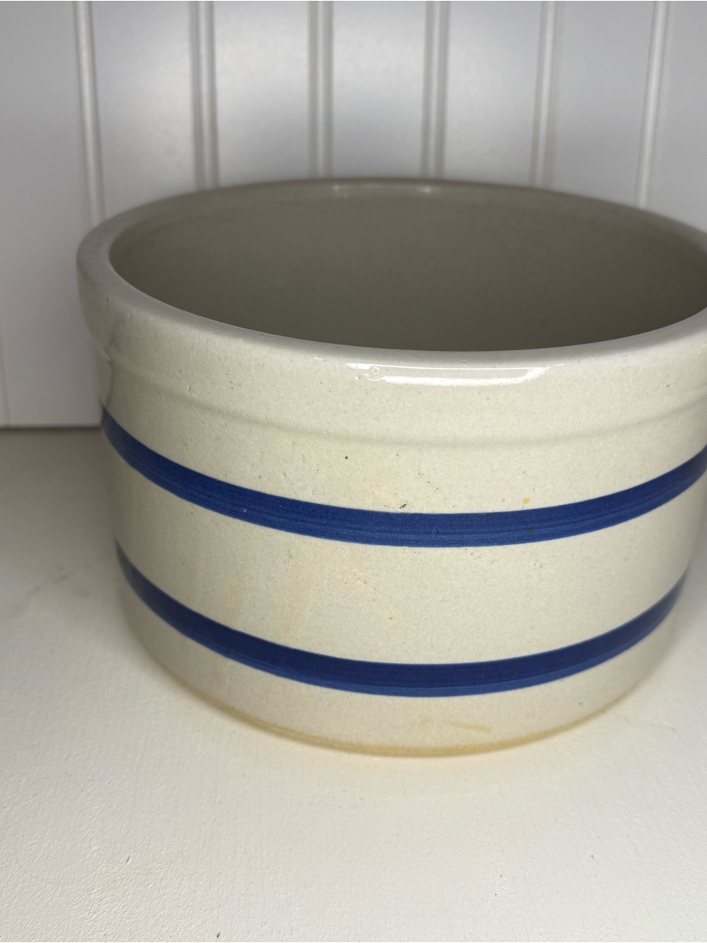 Vintage Robinson Ransbottom Roseville Blue Striped Stoneware Crock 8” 2 Qt. USA